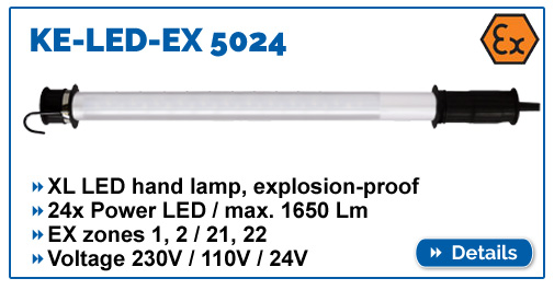 KE-LED-EX 5024 - Bright explosion-proof hand lamp, max. 1650 lumens, for EX zone 1,2,21,22, waterproof IP68.