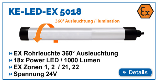KE-LED-EX 5018 - Rundstrahlende EX-Leuchte, 1000 Lumen, für EX-Zone 1,2,21,22. Wasserdicht IP68. Ideal für Tank- und Siloreinigung.
