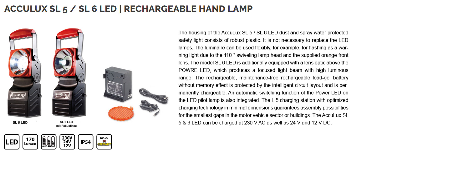 Acculux SL 5 / SL 6 LED - rechargeable hand lamp / work lamp