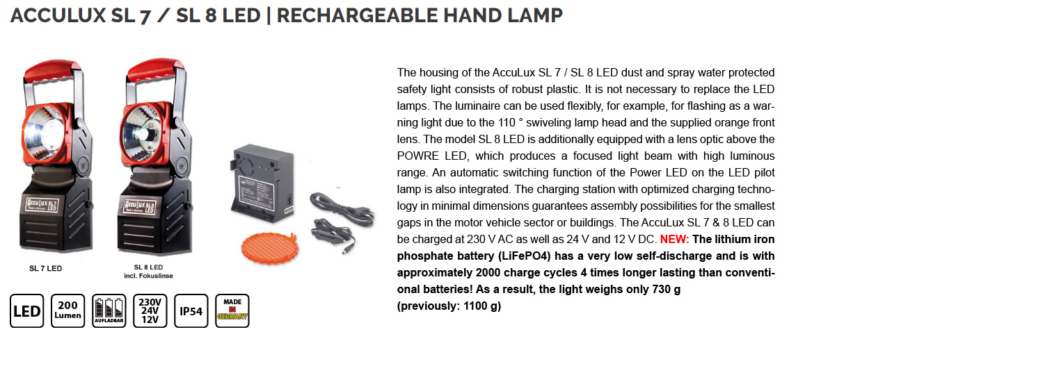 Acculux SL 7 / SL 8 LED - rechargeable hand lamp / work lamp