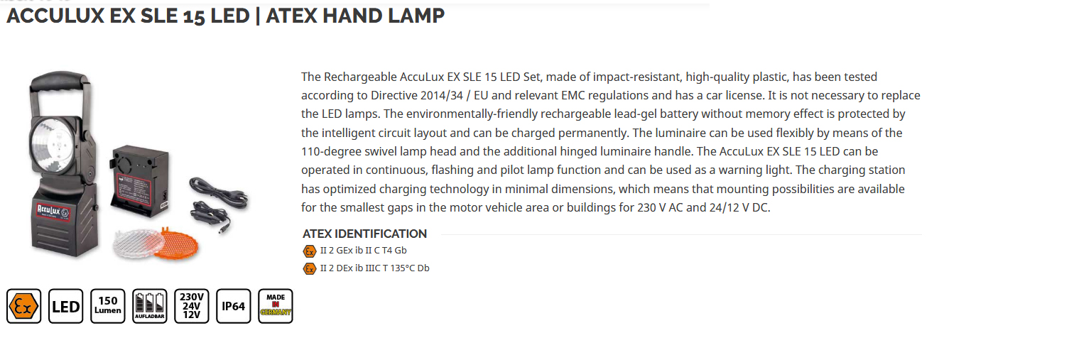 Acculux EX SLE 15 LED - ex-proof rechargeable hand lamp