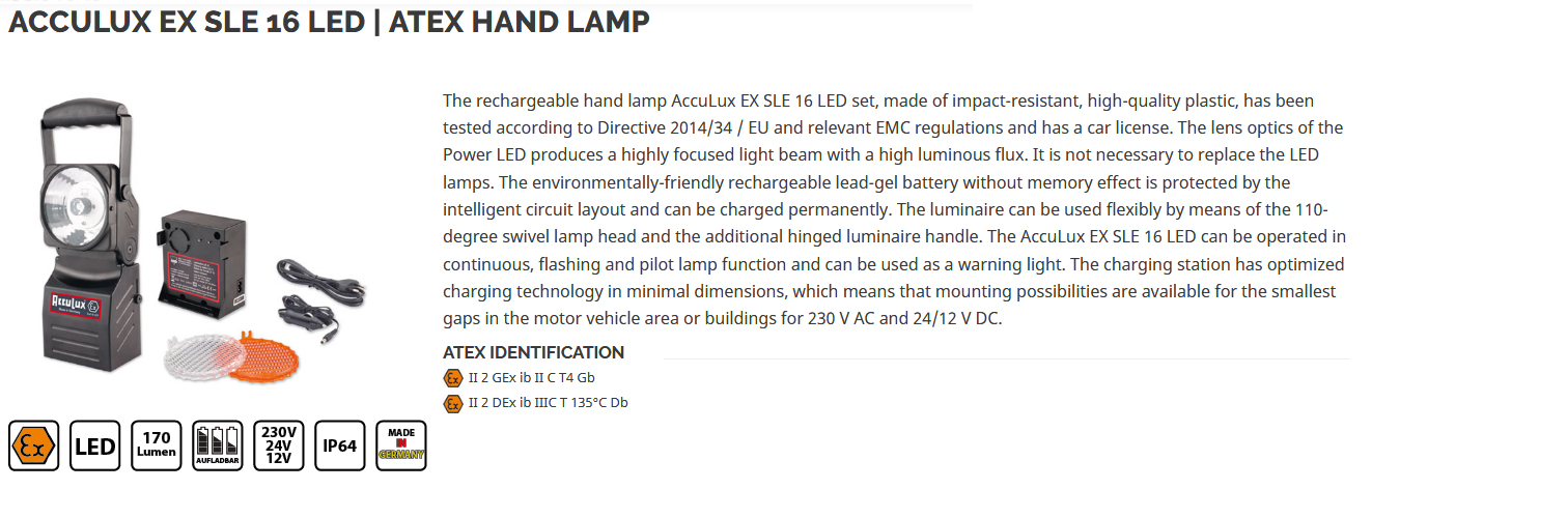 Acculux EX SLE 16 LED - ex-proof rechargeable hand lamp