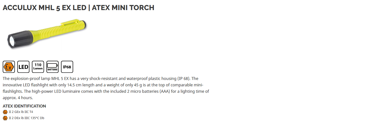 Acculux MHL 5 EX - ex-proof mini torch / flashlight, waterproof IP68