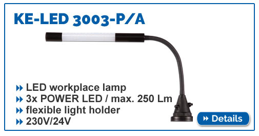 compact flexible arm light KE-LED 3003 P/A for the workplace, IP54, flexible light holder, with switch, 230V / 24V.