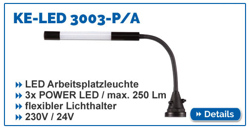kompakte Flexarmleuchte KE-LED 3003 P/A für den Arbeitsplatz, IP54, biegsamer Lichthalter, mit Schalter, 230V / 24V.