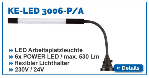 Flexarmleuchte KE-LED 3006 P/A für den Arbeitsplatz. IP54, biegsamer Lichthalter, verschiedene Befestigungsvarianten.