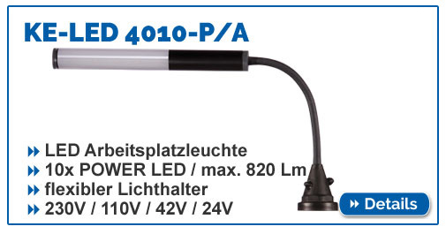 Arbeitsplatzleuchte KE-LED 4010 P/A mit 10 Power LED für max. 820 Lumen, biegsamer Lichthalter.