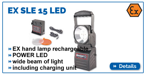 Acculux EX SLE 15 LED battery-powered hand lamp for EX zones 1,2,21,22 with charging station.
