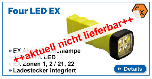 Ex-geschützte Taschenlampe Acculx Four LED EX mit Ladestecker für EX Zonen 1,2,21,22.
