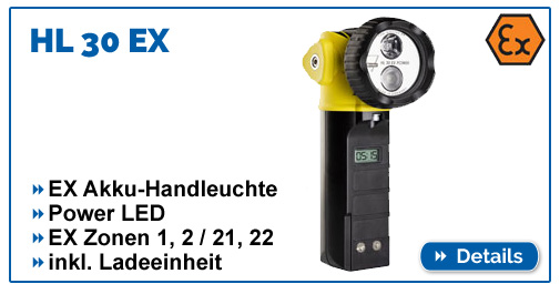 Ex-geschützte Knickkopfhandleuchte Acculux HL 30 EX mit Ladestation für EX-Zonen 1,2,21,22, inkl. Ladestation