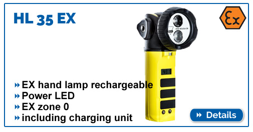 Explosion-protected acculux HL 35 EX bend-head hand lamp with charging station for EX zone 0.