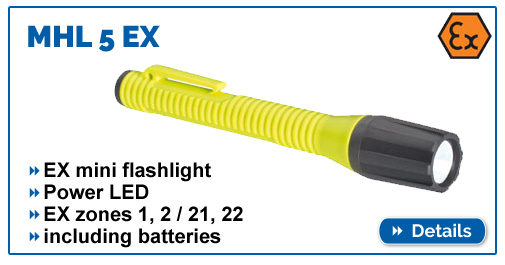 Mini flashlight MHL 5 EX with EX protection for EX zones 1,2,21,22, waterproof IP68