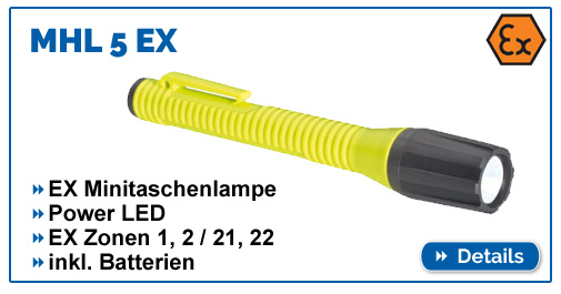 Mini-Taschenlampe MHL 5 EX mit EX-Schutz für EX-Zonen 1,2,21,22, wasserdichte IP68