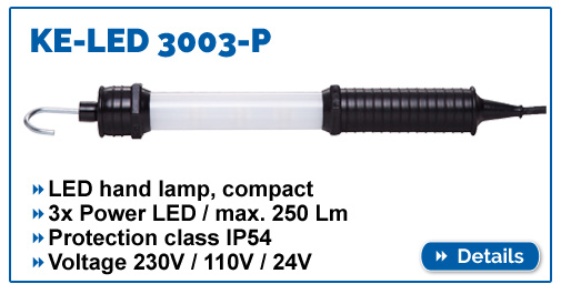 Handy LED hand lamp KE-LED 3003 with 250 lumens, IP54, in 230V / 110V / 24V.