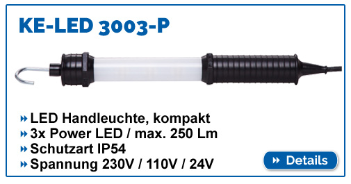 Handliche LED Handlampe KE-LED 3003 mit 250 Lumen, IP54, in 230V / 110V / 24V.