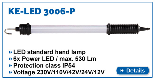 KE-LED 3006 - Standard LED hand lamp with 530 lumens, IP54, in 230V / 110V / 42V / 24V.