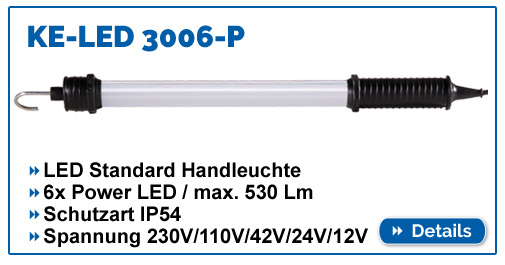 KE-LED 3006 - Standard LED Handlampe mit 530 Lumen, IP54, in 230V / 110V / 42V / 24V.