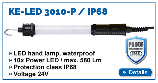 LED hand light KE-LED 3010, waterproof (IP68), 580 lumens, 24V, ideal for tank and barrel cleaning.