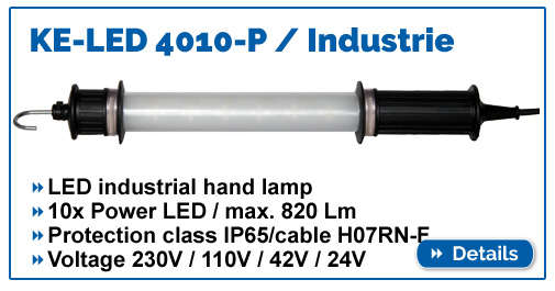 Industrial LED hand lamp KE-LED 4010, IP65, max. 820 lumens, 230V / 110V / 42V / 24V.