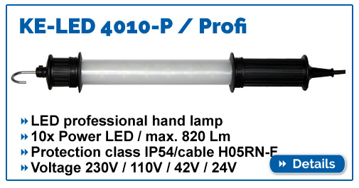 Inspection LED hand lamp KE-LED 4010 with 820 lumens and IP54 protection. Operation at 230V / 110V / 42V / 24V voltage.