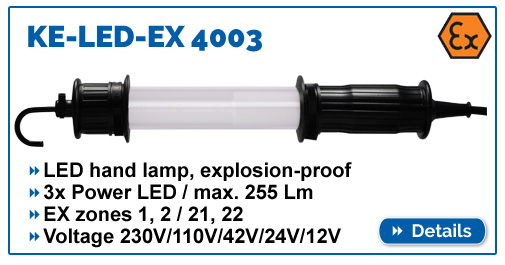 Explosion-proof hand lamp KE-LED-EX 4003, max. 255 lumens, for EX zones 1,2,21,22, waterproof IP68.