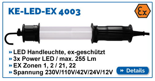 Ex-geschützte Handleuchte KE-LED-EX 4003, max. 255 Lumen, für EX-Zone 1,2,21,22, wasserdicht IP68.