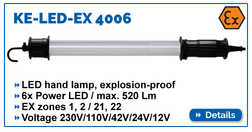 Hand lamp KE-LED-EX 4006, explosion-proof, max. 520 lumens, for EX zone 1,2,21,22, waterproof IP68