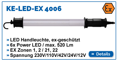 Handleuchte KE-LED-EX 4006, ex-geschützt, max. 520 Lumen, für EX-Zone 1,2,21,22, wasserdicht IP68.