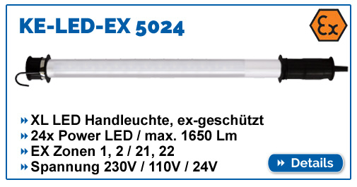 KE-LED-EX 5024 - Helle ex-geschützte Handleuchte, max. 1650 Lumen, für EX-Zone 1,2,21,22, wasserdicht IP68.