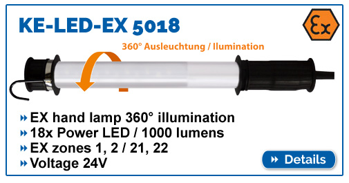 KE-LED-EX 5018 - Omnidirectional hand lamp, 1000 lumens, explosion-proof for EX zone 1,2,21,22. Waterproof IP68. Ideal for tank and silo cleaning.