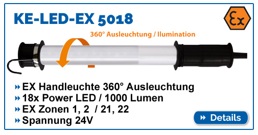 KE-LED-EX 5018 - Rundstrahlende Handleuchte, 1000 Lumen, ex-geschützt für EX-Zone 1,2,21,22. Wasserdicht IP68. Ideal für Tank- und Siloreinigung.