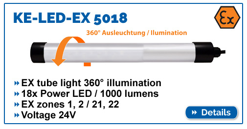 KE-LED-EX 5018 - Omnidirectional EX light, 1000 lumens, for EX zone 1,2,21,22. Waterproof IP68. Ideal for tank and silo cleaning.