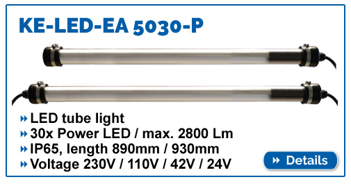 LED machine light KE-LED-EA 5030, IP65, optionally with through-wiring, available in 230V / 110V / 42V / 24V.