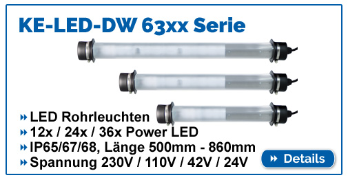 KE-LED-DW 63xx - modulare LED Maschinenleuchte Serie, 24V Spannung, Längen von 500mm - 860mm und 63mm Durchmesser