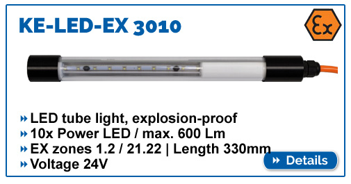 Slim explosion-proof tube light KE-LED-EX 3010, 600 lumens, for EX zones 1,2,21,22, waterproof IP68, 24V