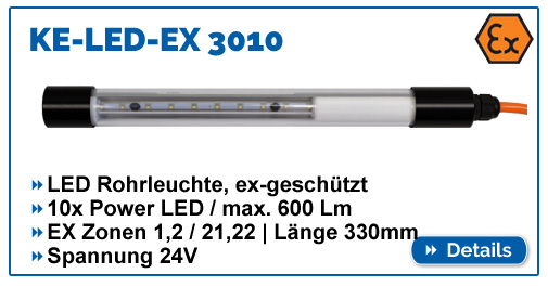 Schlanke ex-geschützte Rohrleuchte KE-LED-EX 3010, 600 Lumen, für EX-Zone 1,2,21,22, wasserdicht IP68, 24V