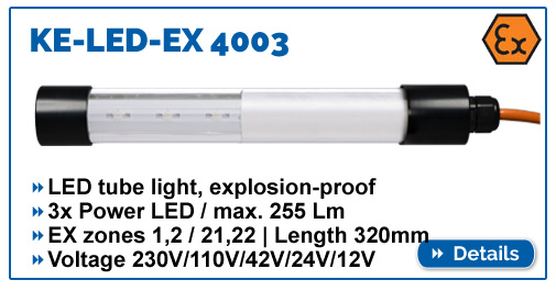 compact explosion-proof machine light KE-LED-EX 4003, 255 lumens, for EX zones 1,2,21,22, waterproof IP68, voltage 230-12V