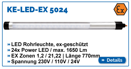 KE-LED-EX 5024 - Helle ex-geschützte Rohrleuchte, max. 1650 Lumen, für EX-Zone 1,2,21,22, wasserdicht IP68.