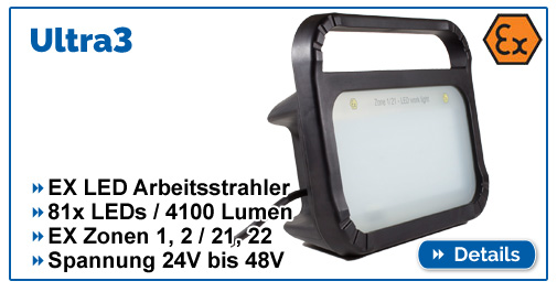 Ex-geschützter LED Strahler Ultra 3 mit Tragegriff, für Spannung 24V-48V und EX Zonen 1,2,21,22