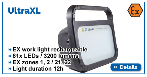  ​ 2.066 / 5.000 Übersetzungsergebnisse Übersetzung UltraXL, mobile battery LED spotlight with EX protection, 12 hours of lighting time. For EX zones 1,2,21,22. Light and mobile.