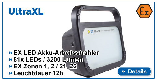 UltraXL, mobiler Akku LED Strahler mit EX-Schutz, 12 Stunden Leuchtdauer. Für EX Zonen 1,2,21,22. Leicht und mobil.