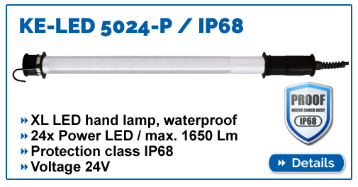 Powerful LED hand light KE-LED 5024, waterproof (IP68), 1650 lumens, 24V, perfect for tank and barrel cleaning.