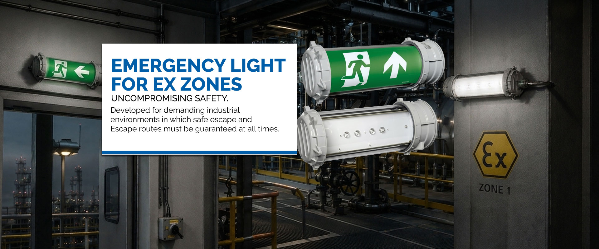 Explosion-proof emergency lights for Ex zones 1, 2, 21, 22